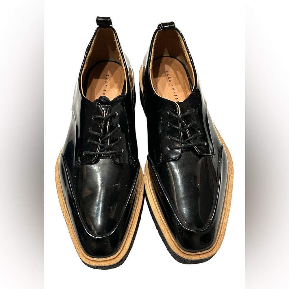 Zara Trafaluc Womens Black Patent Leather Platform Oxford Shoe Sz 38​